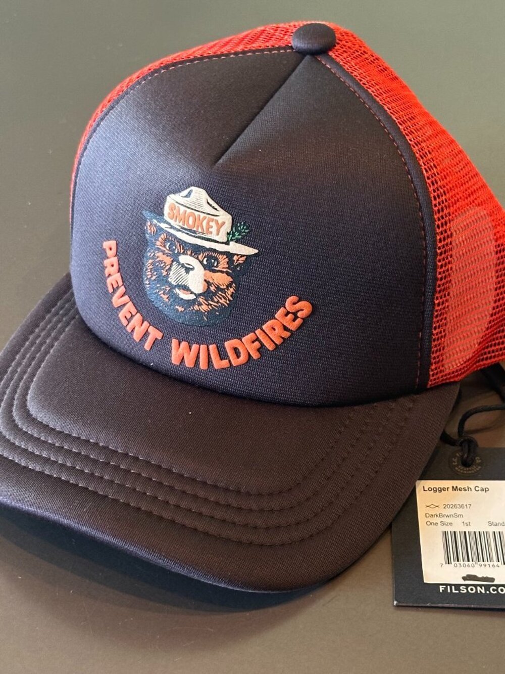 Filson Logger Mesh Cap, Hat, Smokey Bear - Dark Brown Orange - NEW